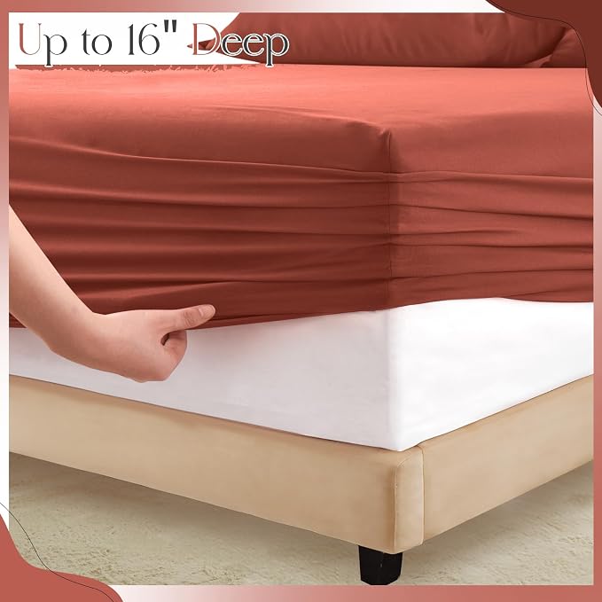 Horbaunal Terracotta Ruffle Sheets Twin Size 4 Piece, Fits 16" Deep Mattress, Microfiber Rust Twin Sheets with 1 Ruffled Pillowcases, Shabby Chic Bed Sheet Set
