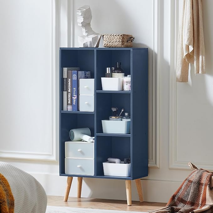 LEYAOYAO 5 Cube Bookshelf 3-Tier Bookcase with Legs,Mint Dark Blue Kids Book Shelf Cute Storage Organizer,Free Standing Open Toy Shelves Wood Bookshelves,Display Bookcases for Bedroom,Living Room