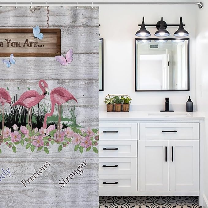 Flamingo Shower Curtain,Summer Beach Tropical Leaves Butterflys Floral with Inspirational Quotes Waterproof Shower Curtains for Bathroom Decor 12 Pack Hooks 66x72in（168x183cm）