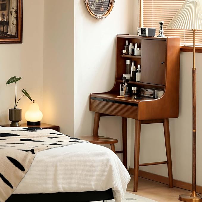 YESWOOD Small Vanity Desk with Mirror, Solid Wood Dressing Table, Movable Drawer Divider, 180° Swivel Make-up Mirror Dressing Desk for Bedroom, Teak Color, 33" D x 16.5" W x 50" H