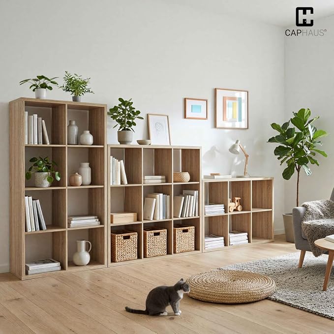 CAPHAUS Sturdy Room 13-Inch Cube Storage Organizer Shelf, with Extra Thick Exterior Edge, Open Storage Shelf Divider, Bookcase, 6-Cube, Natural Oak