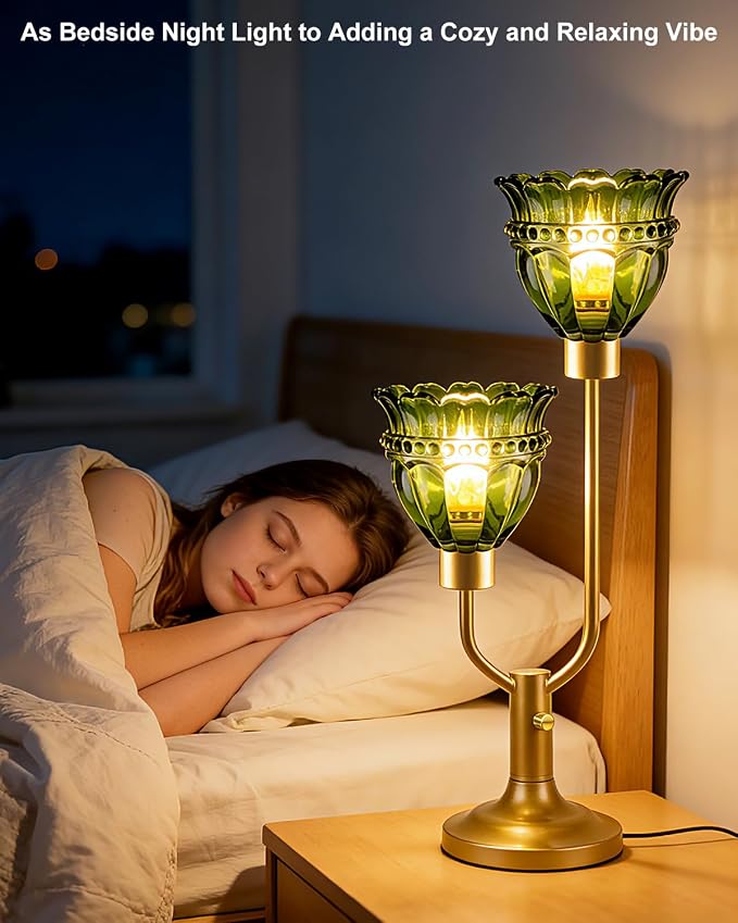 Lightdot Vintage Green Glass Table Lamp for Bedroom Dimmable Mid Century Modern Gold Desk Lamp Nightstand Lamp 2 Bulbs Included Warmwhite Ambient Bedside Lamps for Living Room Home Office Decor Gift
