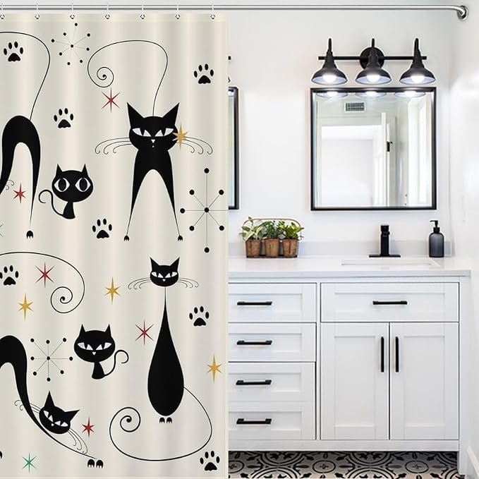 Mid Century Modern Shower Curtain,Retro Atomic Cat Star Paw Print Retro Abstract Geometric 1960s Fabric Bathroom Decor Curtains with Hooks 66x72in（168x183cm）