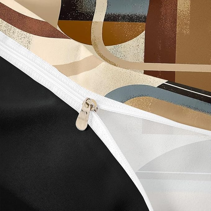 Geometric Striped Circle Duvet Cover Set Queen Size,Abstract Graffiti Retro Art Bedding Set,Boys Girls Room Decor,Minimalist Aesthetic Chic Comforter Cover,Brown Quilt Cover,2 Pillowcases(No Filler)