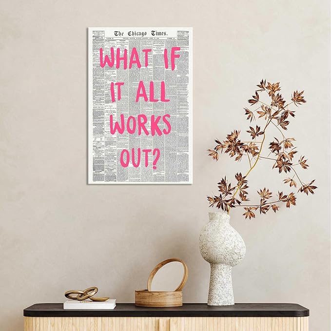What If It All Works Out Poster Retro Newspaper Pink Font Canvas Wall Art Positive Affirming Quote Minimalist Prints Painting For Home Bedroom Dorm Wall Decor 24x36in Wframed