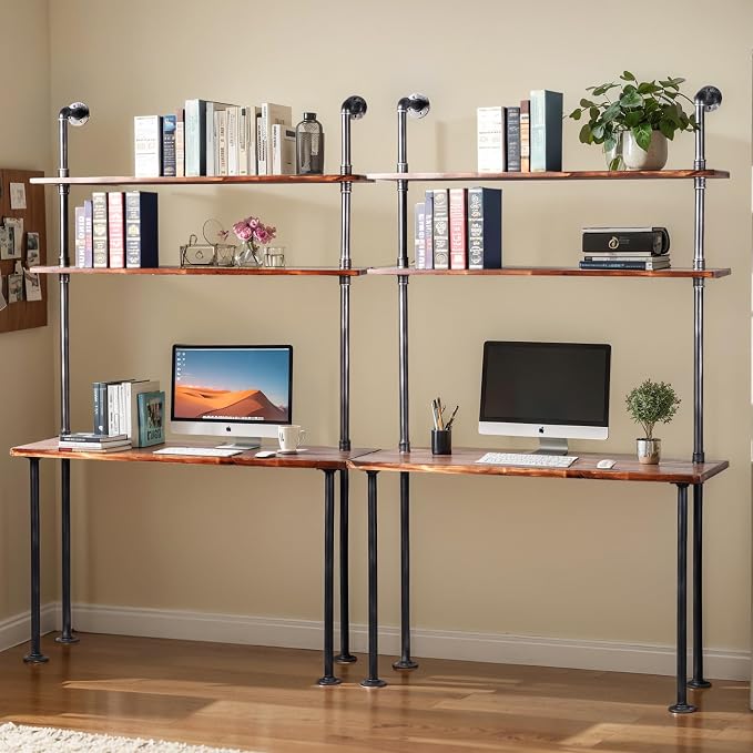 LOKKHAN 79-inch Industrial Laptop Desk Solid Wood Computer Desk Wall Pipe Desk with Shelves Computer Table for Home Office (L:47.3-inch)