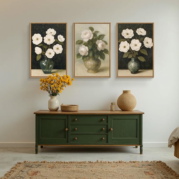 FWIEXA Large Vintage Dark Floral Canvas Wall Art Set of 3,Framed Moody White Flower Wall Art,French Country Aesthetic Botanical Art Prints,Retro Wildflower Artwork for Home Living Room Bedroom 24"x36"