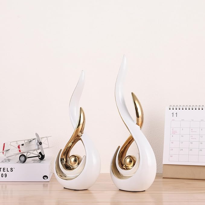 2PCS Abstract Art Ceramic Sculptures, Modern Decor Figurines for Living Room Decorative Objects, Sculptures Home Decor Set for Table, TV Stand, Entryway, Bookshelf Display (White Gold)