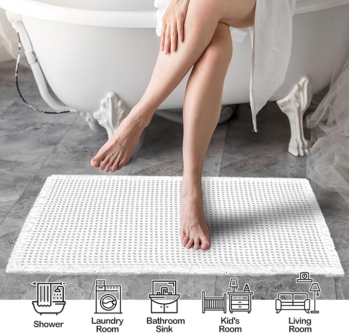 ZALL Waffle Bath Mat White Super Absorbent Non Slip Bathroom Rug 17x24inch,Machine Washable Ultra Soft Floor Mats