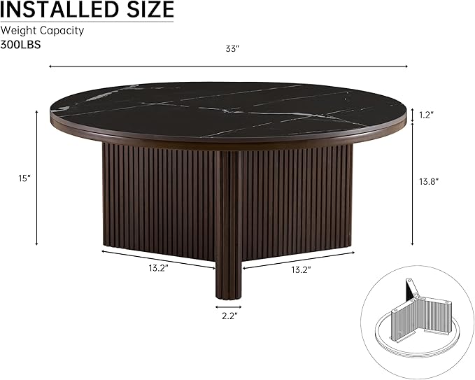Morden Fort Round Coffee Table for Living Room, Faux Marble Coffee Table Sintered Stone Top & Solid Fluted Wood Base Modern Coffee Circle Table for Apartment Living Room Porch - 33'' Black Top