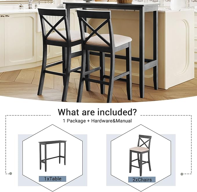 VilroCaz Farmhouse 3-Piece Counter Height Wood Kitchen Dining Sets, Home Bar Pub Kitchen Breakfast Set, 48'' Long Bar Table with 2 Upholstery Chairs for Small Places (Gray-I)