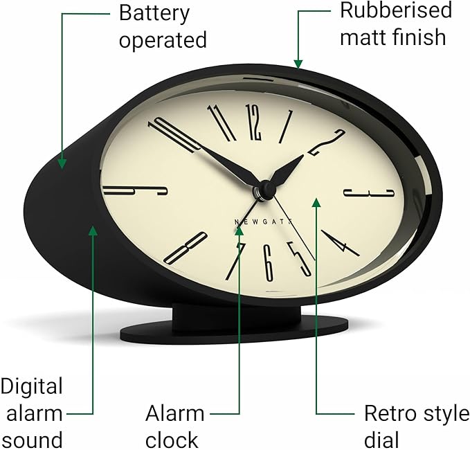 NEWGATE® Ronnie Alarm Clock | Oval Retro Design | Black Soft Rubberised Finish | Ideal for Bedside, Desk or Shelf | Modern, Retro mid-Century Bedroom & Office Accessory