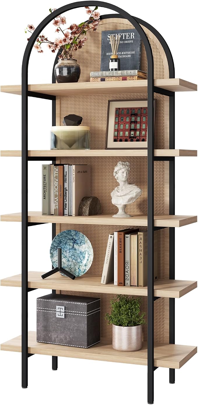 Yusong Bookshelf Rattan 5 Tier Arched Bookcase, 74" Tall Industrial Open Book Shelves for Living Room, Modern Freestanding Display Shelving Boho Storage Rack with Metal Frame for Office, Brown