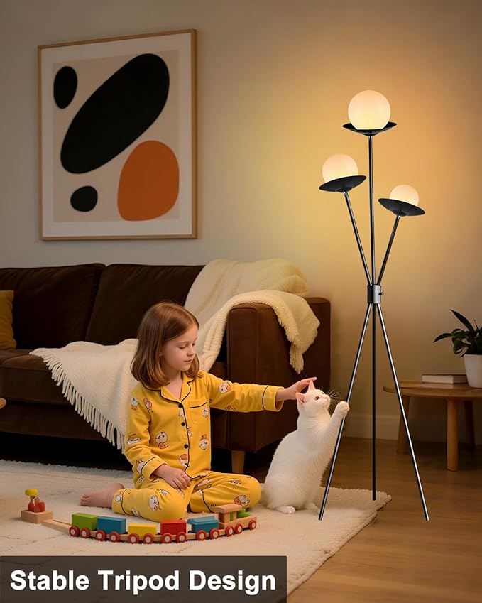 Lightdot Tripod Floor Lamp Dimmable Globe Floor Lamps with 3 LED Bulbs, 3000K Soft Warmwhite Mid Century Modern Standing Lamps Black Tall Lamp for Living Room/Bedroom/Sofa Beside/Corner Decor