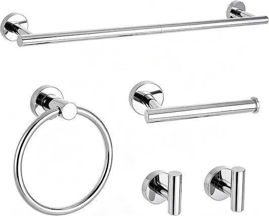 Polished Chrome Bathroom Hardware Accessories Set 5 Piece, Stainless Steel Bath Towel Bar Set 24 Inch,Toilet Paper Holder,Towel Ring Holder,Towel Rack Set,Gold Bathroom Accessories Kit Silver