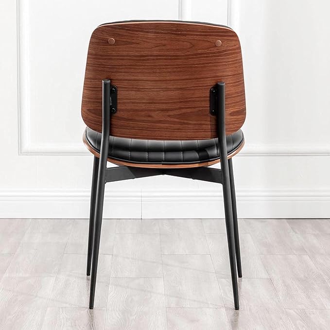 LUNLING Dining Chairs Set of 4 Mid Century Modern Retro Faux Leather Chair with Walnut Bentwood Upholstered Seat Metal Legs Chairs,Adjustable Foot for Kitchen Dining Room Chairs(Black)