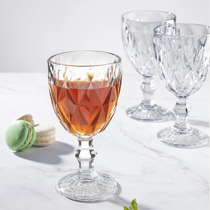 48 Pack Vintage Wine Glasses, Plastic Reusable 12 Ounce Colored Water Goblets, Unique Embossed Pattern Unbreakable Stemmed Wine Glasses High Clear Wedding Party Bar Drinking Cups Clear
