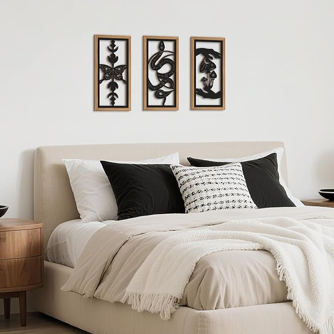 IARTTOP 3 Pcs Black Gothic Wall Art Boho Witchy Moon Phases Butterfly Wood Wall Decor Snake Decor Hanging Art Dark Mushroom Artwork Home Decor for Apartment Living Room Bedroom 7.9 x15.8 Inch
