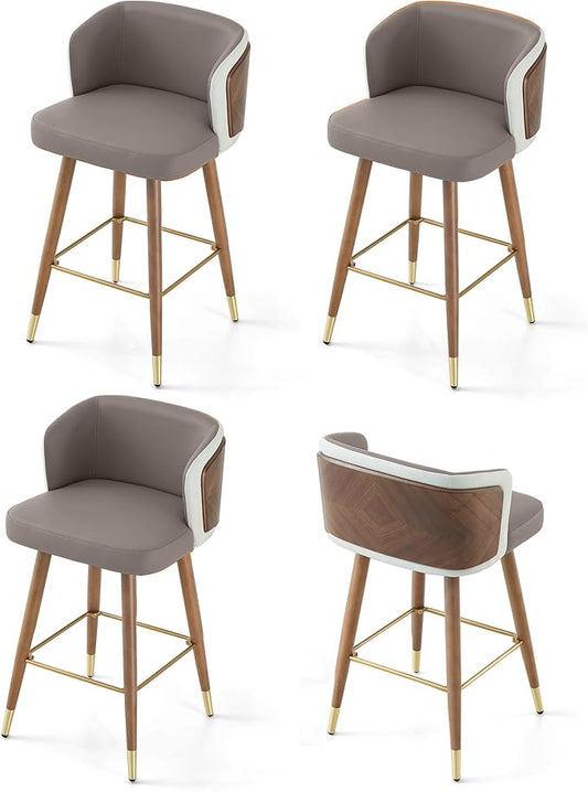 ARTPLAN Mid Century Modern Bar Stools Set of 4 for Counter Height - Leather Upholstered Seat with Walnut Wood Frame, Retro 34 Inch Bar Chairs for Home Kitchen Island, Bar, Breakfast Nook,Gray