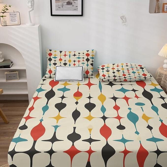 Mid Century Sheets Cal King Size, Retro Geometric Bed Sheet Set, Modern Abstract Bedding Sheet Sets 4 Piece, Soft Microfiber Deep Pocket Fitted Sheet & Flat Sheet & 2 Pillowcases