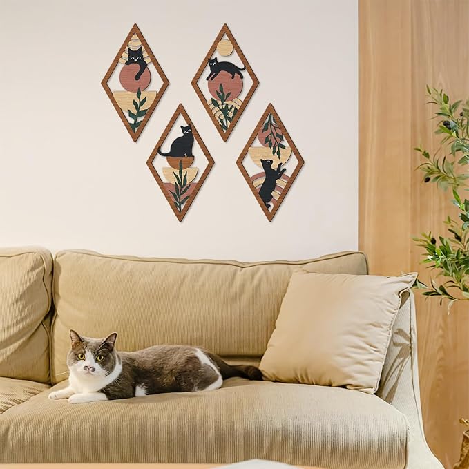 TOARTi 4Pcs Minimalist Boho Black Cat Wall Art Set Geometric Wooden Cat Wall Decor Bohemian Black Cats Hanging Sign Abstract Boho Cats Wood Sign for Bedroom Living Room Farmhouse Aesthetic Geometric Artwork