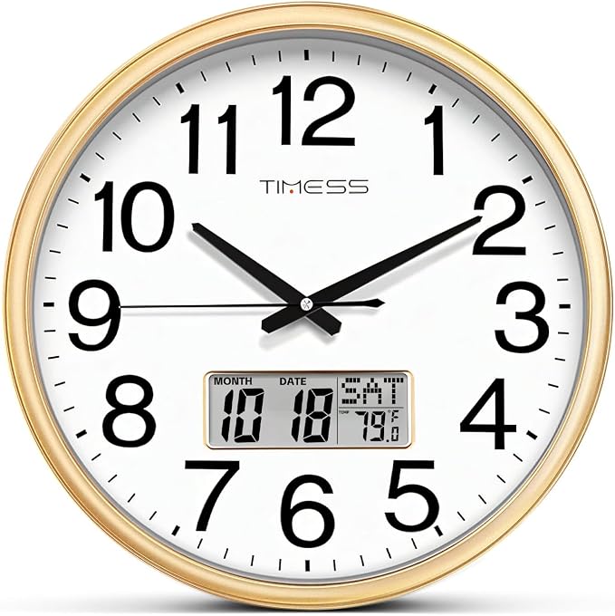 TIMESS Wall Clock, 13 Inch Non-Ticking Silent Battery Operated Quartz Analog with LCD Display for Perpetual Calendar and F° Temperature, Ideal Modern Home, Bedroom, Kitchen, Office Decor (Gold)