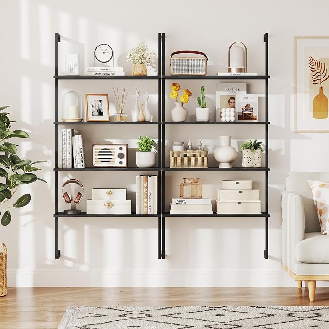 Tangkula 4-Tier Wall-Mounted Bookshelf, Industrial Modern Floating Storage Display Shelves with Metal Frame, Wall-Mounted Ladder Wooden Bookcase for Living Room, Kitchen, Bar, Office (1, Black)