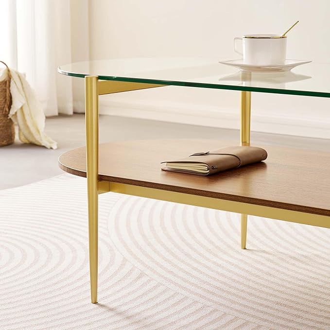 LumFurn Oval Glass Coffee Table, Mid-Century Modern Design, L41 x W21 x H17 inch, for Living Room, 2-Tier Structure, Clear Glass Top and Walnut Finish Wood Shelf, Conical Legs with Gold Finish Frame