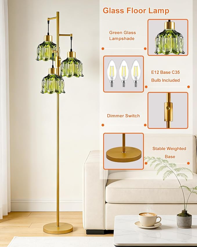 3-Light Modern Glass Floor Lamp, Gold Standing Tall Lamp with Green Vertical Rib Glass Shade for Reading, Dimmable LED Floor Lamp with 5Lbs Heavy Base for Living Room Bedroom Home Decor, Bulb Included