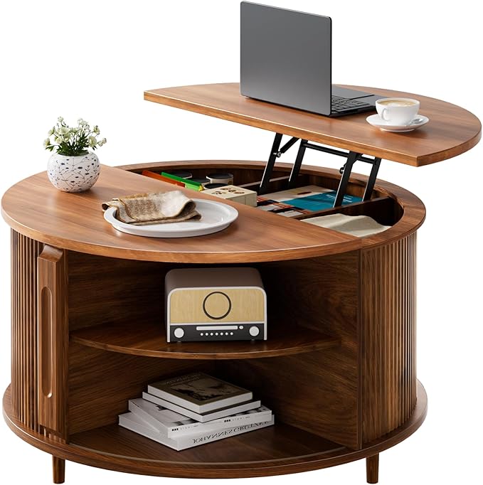Round Lift Top Coffee Table, 31.5” Fluted Wood Lift Up Center Table with Sliding Door & Hidden Storage, Mid Century Modern Coffee Table for Living Room & Home Office (Walnut)