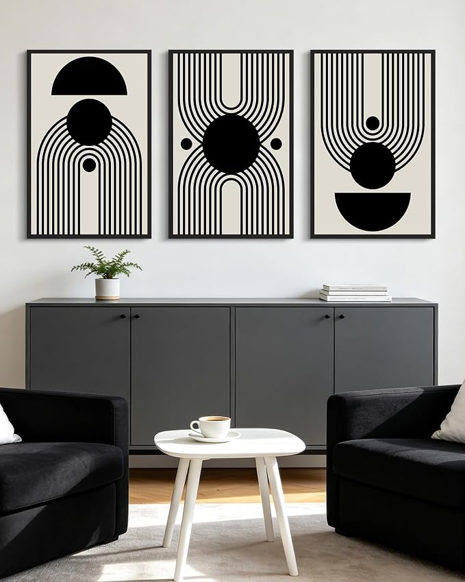 KUVIOKE Black Abstract Framed Wall Art Minimalist Geometry Lines Painting Artwork for Living Room Bedroom 24x36in (Black Framed)