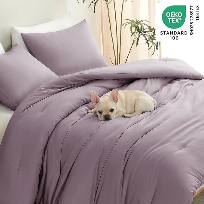 CozyLux Full Size Comforter Set Dusty Purple, 3 Pieces Lightweight Down Alternative Quilted Bedding Sets, Grayish Purple All Season Breathable Solid Comforter with 2 Pillowcases, Bed Set Gift for Home