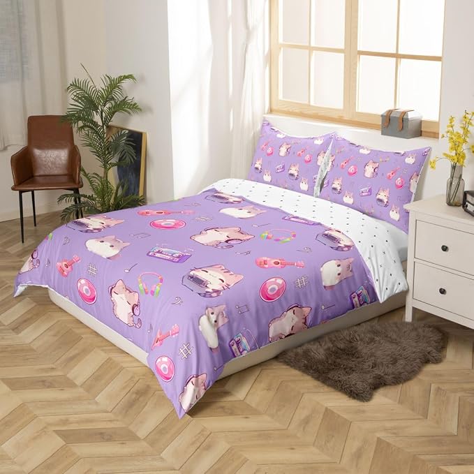 Erosebridal Cute Cat Duvet Cover King Purple Kitten Bedding Set Guitar Musical Notes Comforter Cover for Kids Girls Boys Adults Cartoon Pet Animals Bed Set