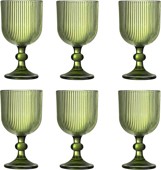 Green Vintage Wine Glasses Set of 6, 11 Ounces Colored Glass Water Goblets, Unique Embossed Pattern High Clear Stemmed Glassware Wedding Party Bar Glass Drinking Cups Fancy Glasses Vertical Line