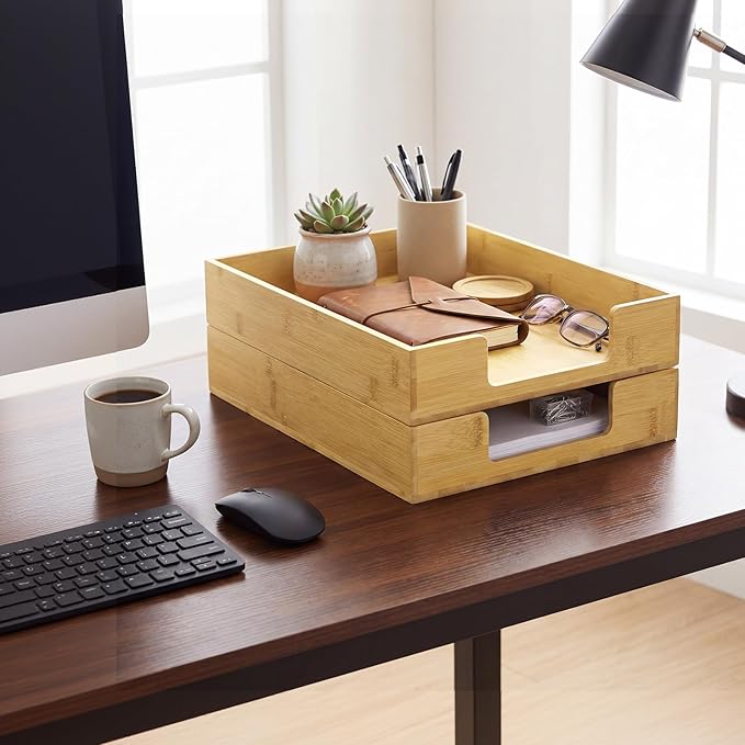 Mifoci 2 Pcs Wood Letters Tray Bamboo Stackable Paper Organizer Letter Tray, Desktop File for A4 Documents, Wooden Office Paper Holder Stacking for Home School Workspace