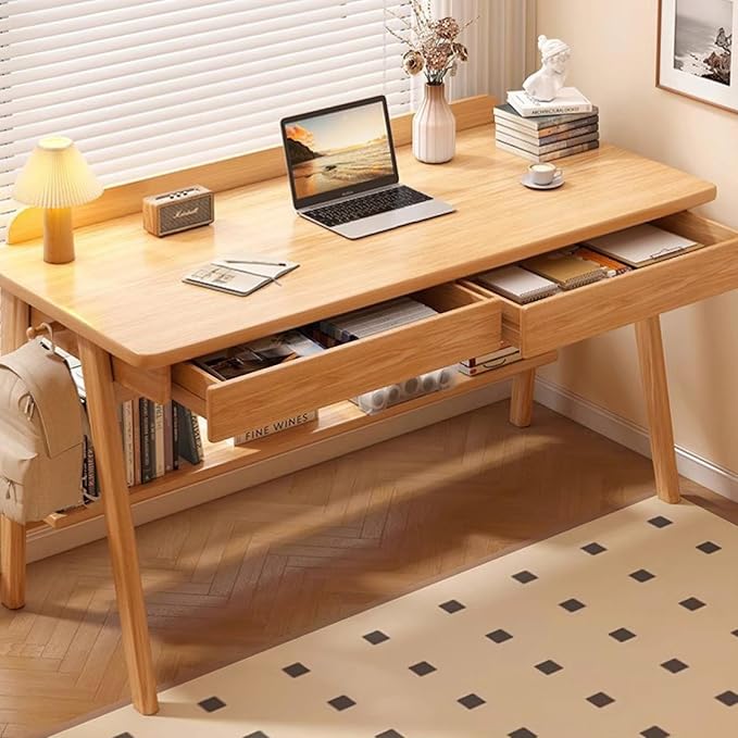 Mid-Century Writing Desk with 2 Storage Drawers, Home Office Computer Desk - Mid-Century Modern Walnut & Oak (39 Inch)