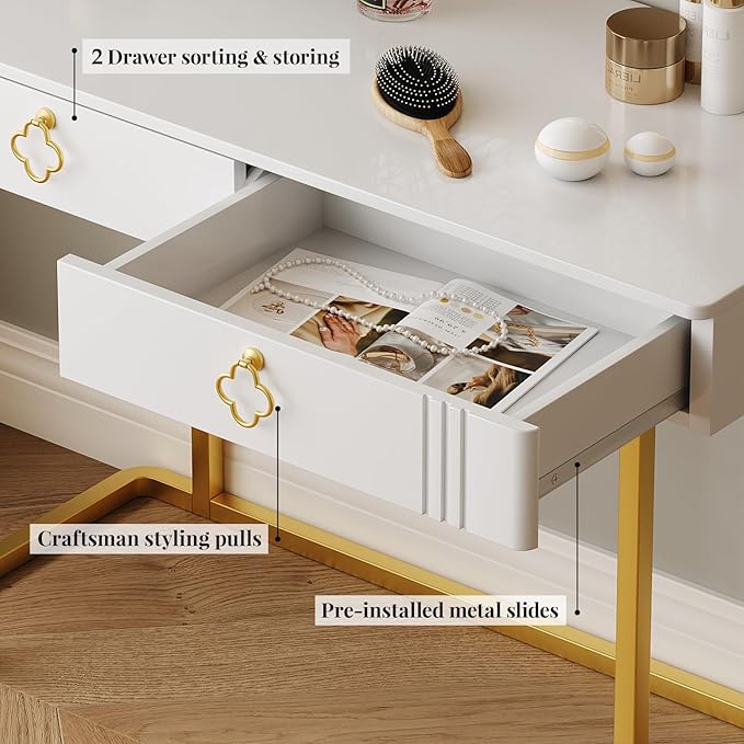 Tamworth Design White Vanity Desk with 2 Drawers, Gold and White Desk,Home Office Desk Modern Makeup Vanity Table, Entryway Console Table, Sofa Table (Deluxe Leg)