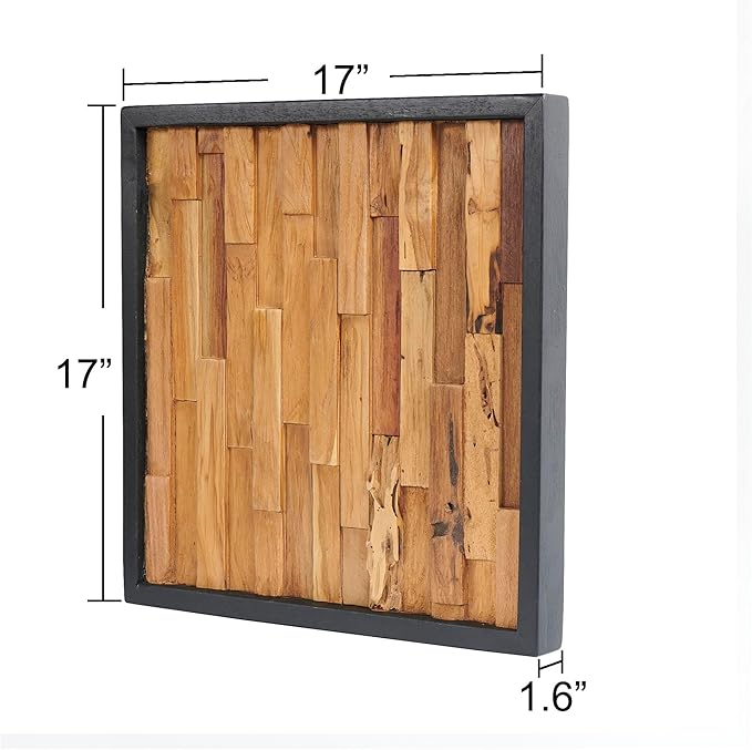 Warmaxx Rustic Teak Wood Framed Wall Décor Aesthetic 17" x 17" Farmhouse Wall Art Christmas Decoration Home Office Dorm Neutral Square Handmade Geometric Wooden Wall Décor Living Room Bedroom Hallway