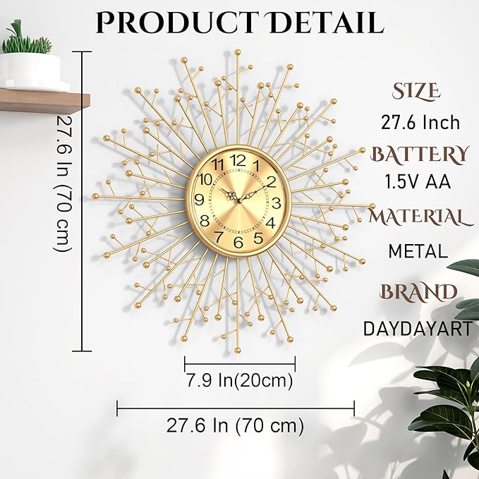 Large Modern Gold Wall Clock Decorative Mid Century Sunburst Branch Wall Clocks, Minimalism Metal Big Silent Clock, Luxury Home Gift Decor for Living Room, Bedroom, Dining Room, 28 inch
