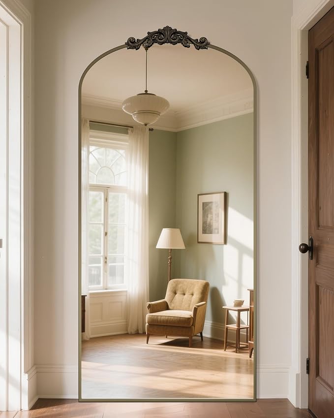 Antok Arched Full Length Mirror, 78"x38" Floor Mirror with Carved, Full Body Mirrors for HomeDecor, Standing/Halling Large Wall Mirror for Bedroom, Living Room, Cloakroom, Bronze, Retro Style