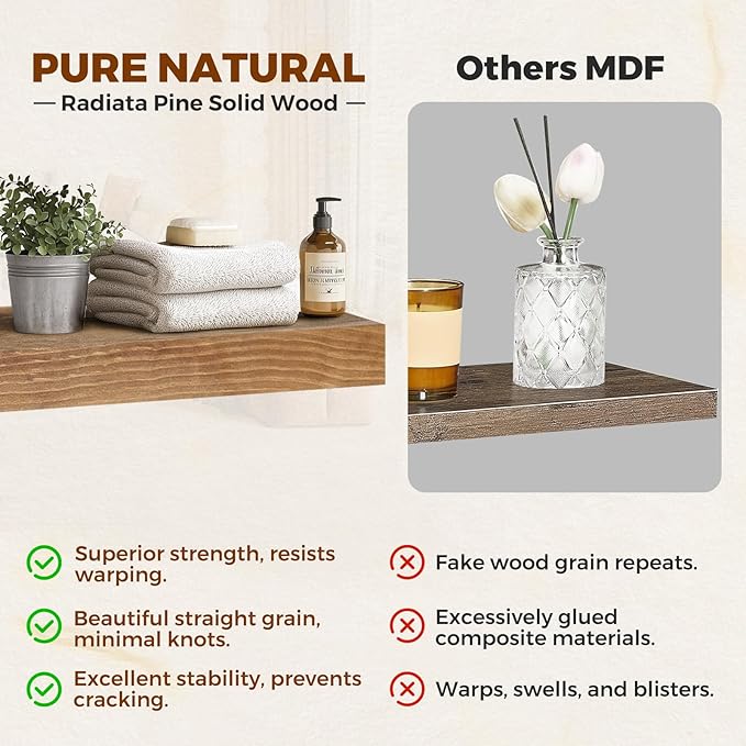 Floating Wall Shelf 36x6.8x1.7 Inch – Solid Wood Shelf in Dark Oak Finish – Heavy Duty Wall Mounted Rustic Display Shelf for Living Room, Kitchen, Bedroom, Hallway – Set of 2