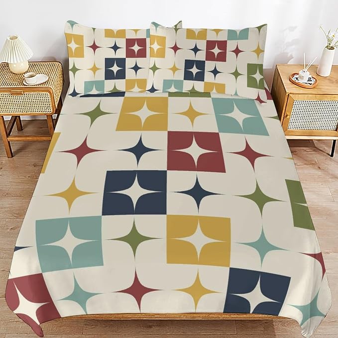 Mid Century Duvet Cover Sets Aesthetic Abstract Geometric Mid Century Retro Printed Lightweight Soft Quilt Cover Minimalist Soft Microfiber 3 Piece (1 Duvet Cover 79x90in + 2 Pillow Sham 20x30in)
