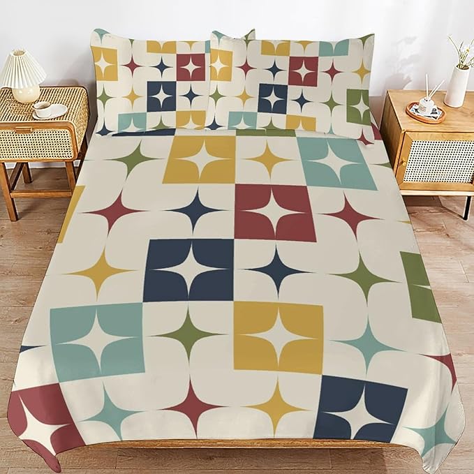 Mid Century Duvet Cover Sets Aesthetic Abstract Geometric Mid Century Retro Printed Lightweight Soft Quilt Cover Minimalist Soft Microfiber 3 Piece (1 Duvet Cover 90x90in + 2 Pillow Sham 20x30in)
