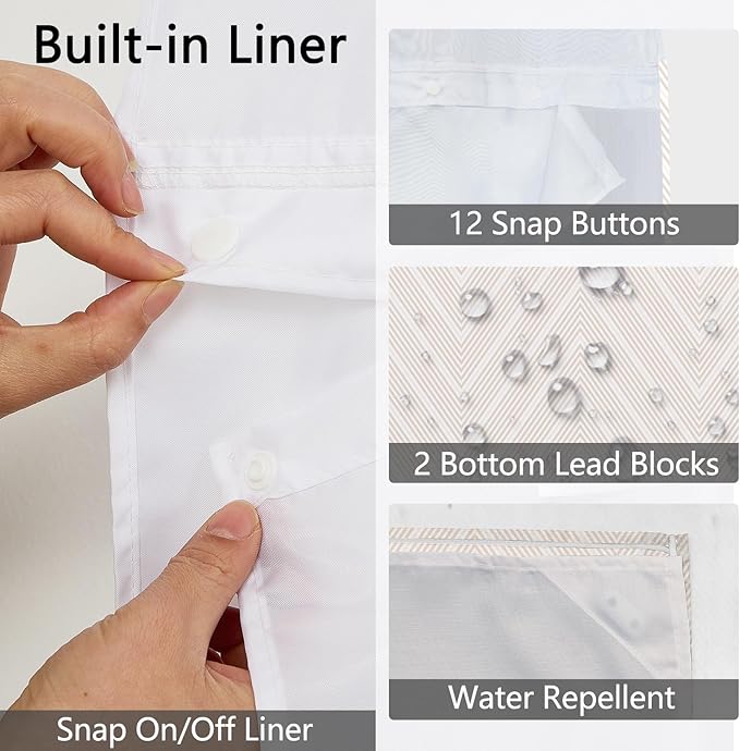 No Hook Shower Curtain with Snap in Fabric Liner - Beige and White Minimalist Chevron Pattern, Waterproof Double Layers for Modern Farmhouse Bathroom, See Through Top Window, 71x74 Inches