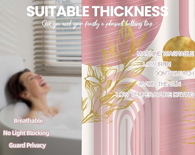 Blush Pink and Gold Shower Curtain Boho Mid Century Light Pink and White Shower Curtains for Bathroom Decor, Waterproof Cloth Fabric with Hooks, 48" W x 72" L