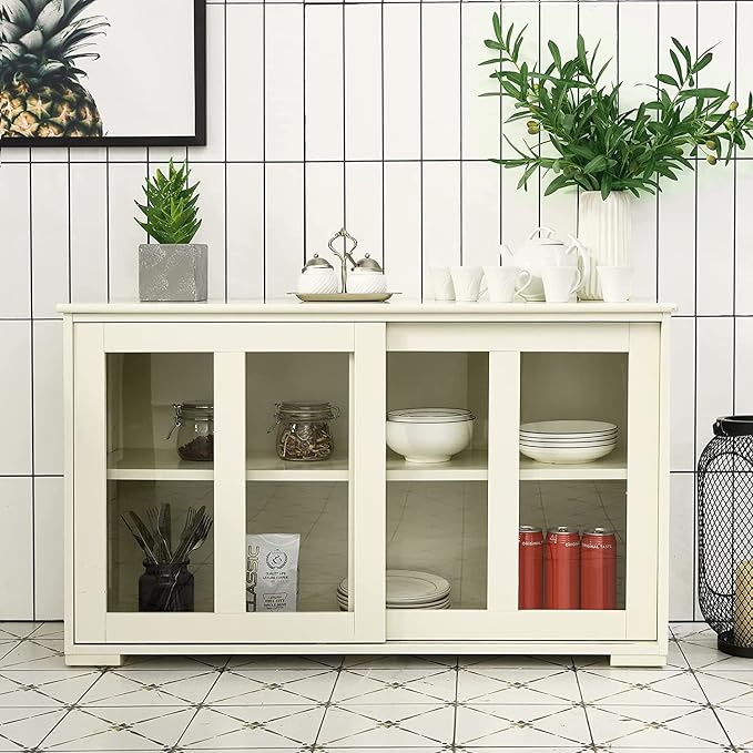 Sideboard Buffet Cabinet, Stackable Cupboard Storage Table with Adjustable Shelf & Glass Sliding Doors, Wooden Credenza Coffee Bar Cabinet for Kitchen/Dining Room/Living Room/Entryway (White)