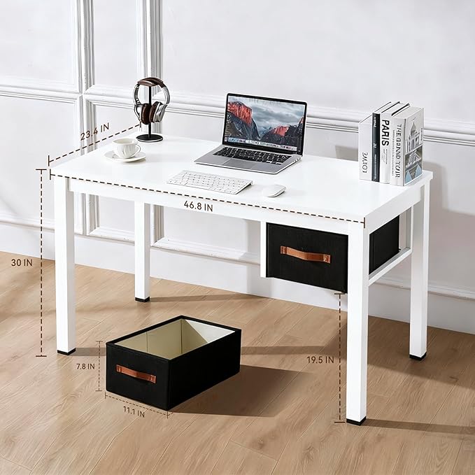 White Computer Desk with Drawer, 47 Inch Home Office Work Desks, Modern Writing Study PC Desk Gaming Table for Small Place Bedroom, Thickened Tabletop and Stable Metal Frame Leg Support