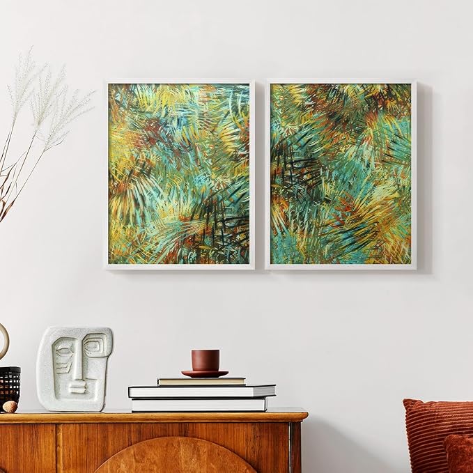 Renditions Gallery Set of 2 Peel & Stick Framed Prints, Nature Abstract Wall Art, Green Leafy Design Wall Decor, Re-Stickable - Ready to Hang - 22"x28" - White Frame LT588