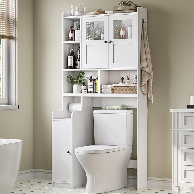 Itaar Over The Toilet Storage Cabinet, Over Toilet Bathroom Organizer with Glass Doors & Toilet Paper Holder Stand, Home Space-Saving Toilet Rack, for Bathroom, Restroom, Laundry(White)