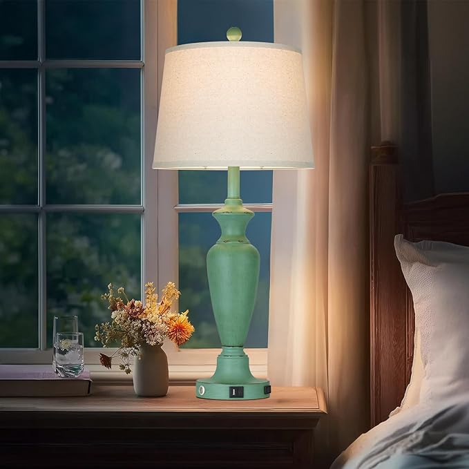 30" Tall Metal Table Lamps Set of 2, Touch Control Bedside Lamps for Bedroom Nightstand, 3-Way Dimmable Farmhouse Lamp for Living Room with Charging Ports, Retro Green (2 LED Bulbs Included)